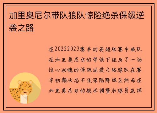 加里奥尼尔带队狼队惊险绝杀保级逆袭之路