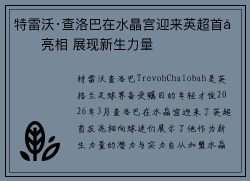 特雷沃·查洛巴在水晶宫迎来英超首发亮相 展现新生力量